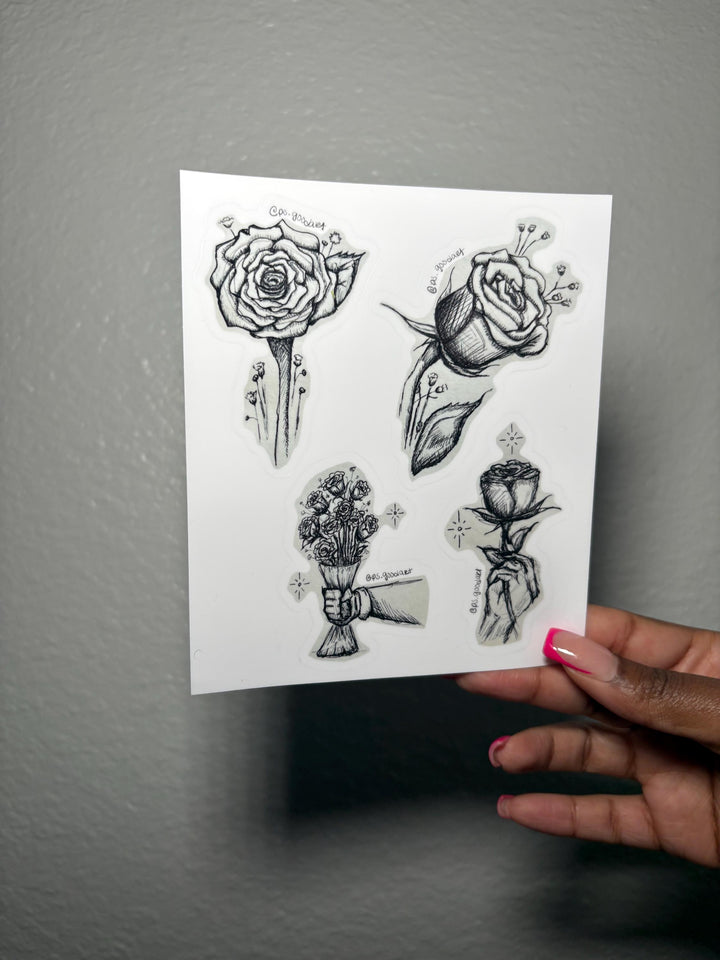 Rose Sketch Vinyl Sticker Sheet | Black And White Pen Sketch Roses